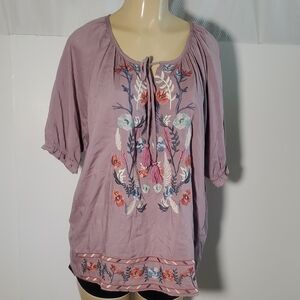 JODIFL Lavender Embroidered Blouse  Boho Tie Floral Tunic Top Size L